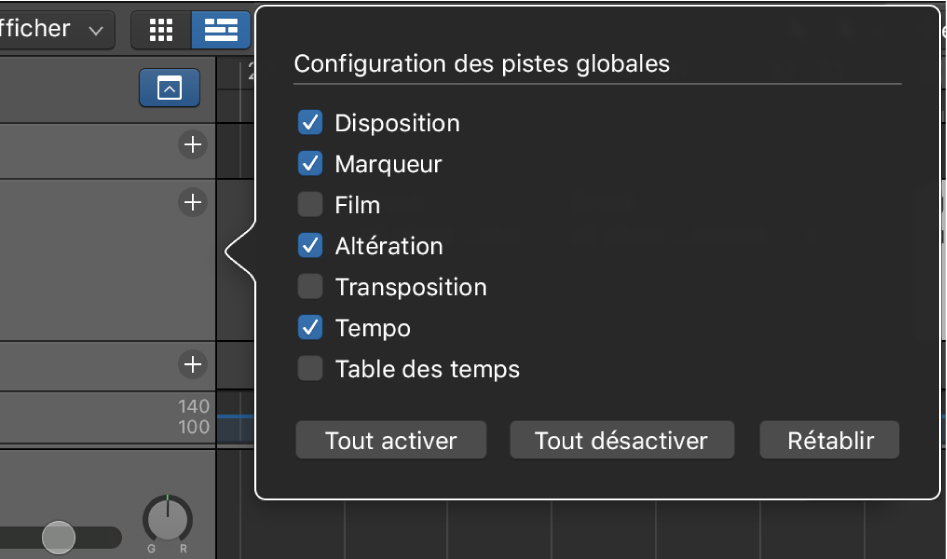 Figure. Zone de dialogue Configuration des pistes globales.