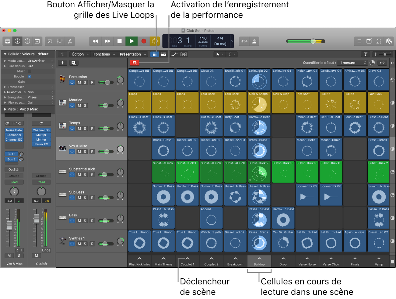 Figure. Grille des Live Loops avec des cellules en cours de lecture.