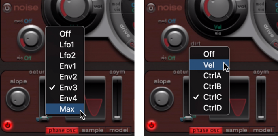 Figure. Menus locaux Mod et Via de saturation de l’oscillateur 2.