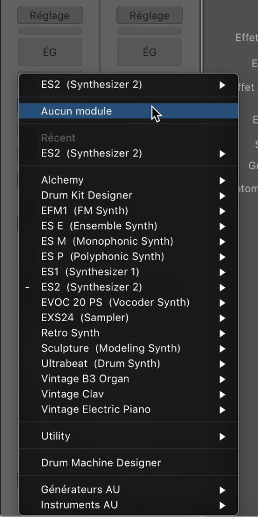 Figure. Choix de l’option Aucun module dans le menu local.