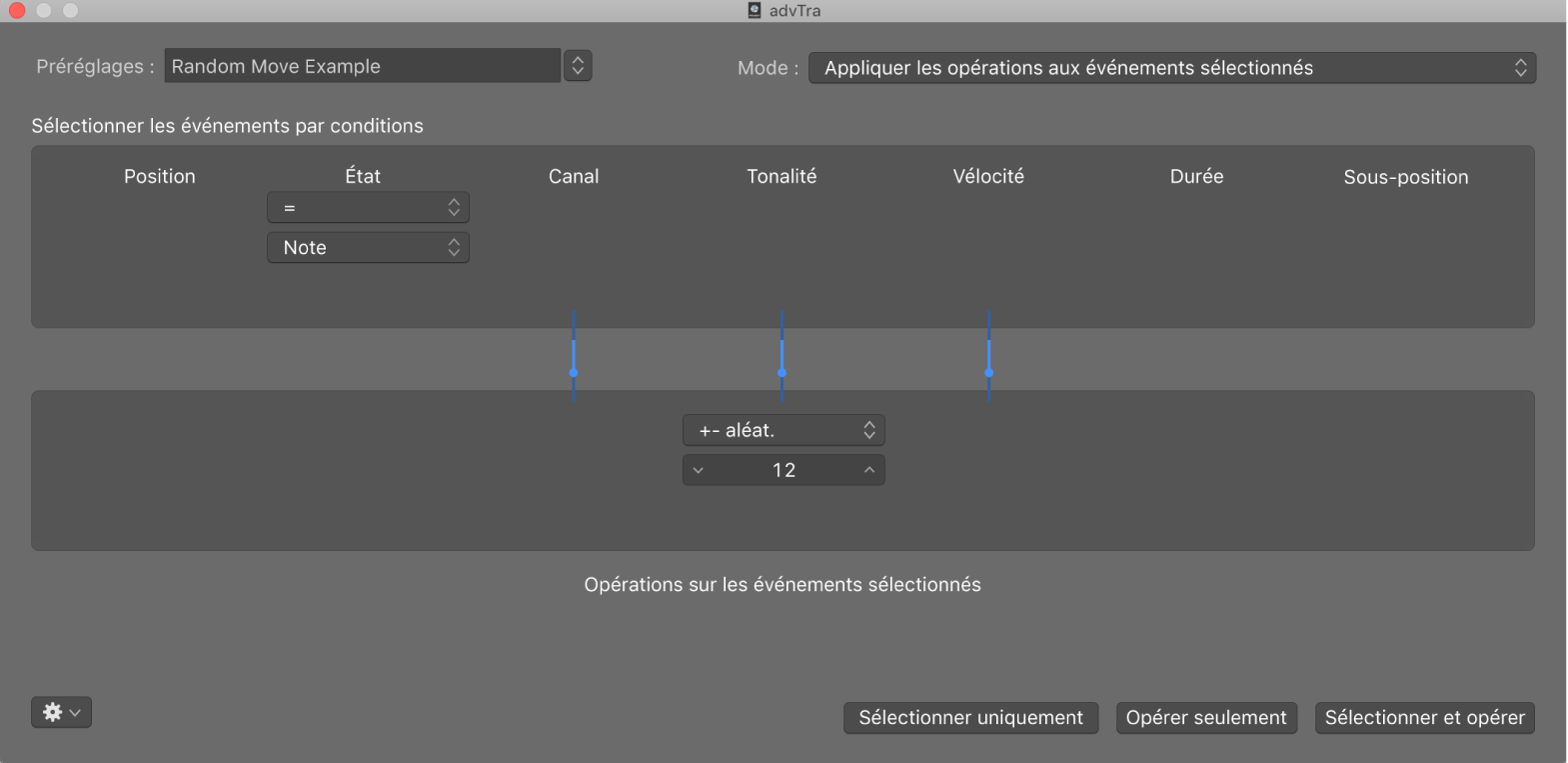 Figure. Fenêtre de transformation affichant des réglages permettant de modifier aléatoirement la tonalité des événements de note MIDI.