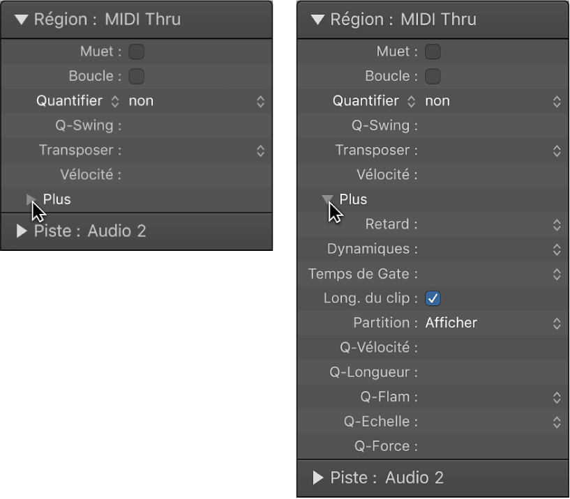 Figure. Paramètres de quantification de régions audio et MIDI dans l’inspecteur de région.
