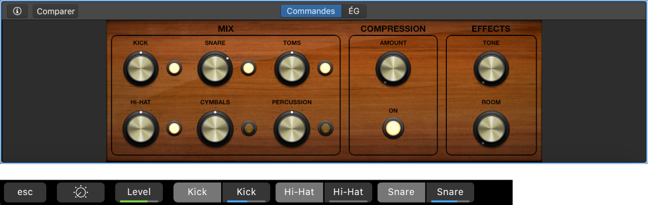 Figure. Raccourcis de l’écran des Smart Controls de piste Drummer et des Smart Controls dynamiques.