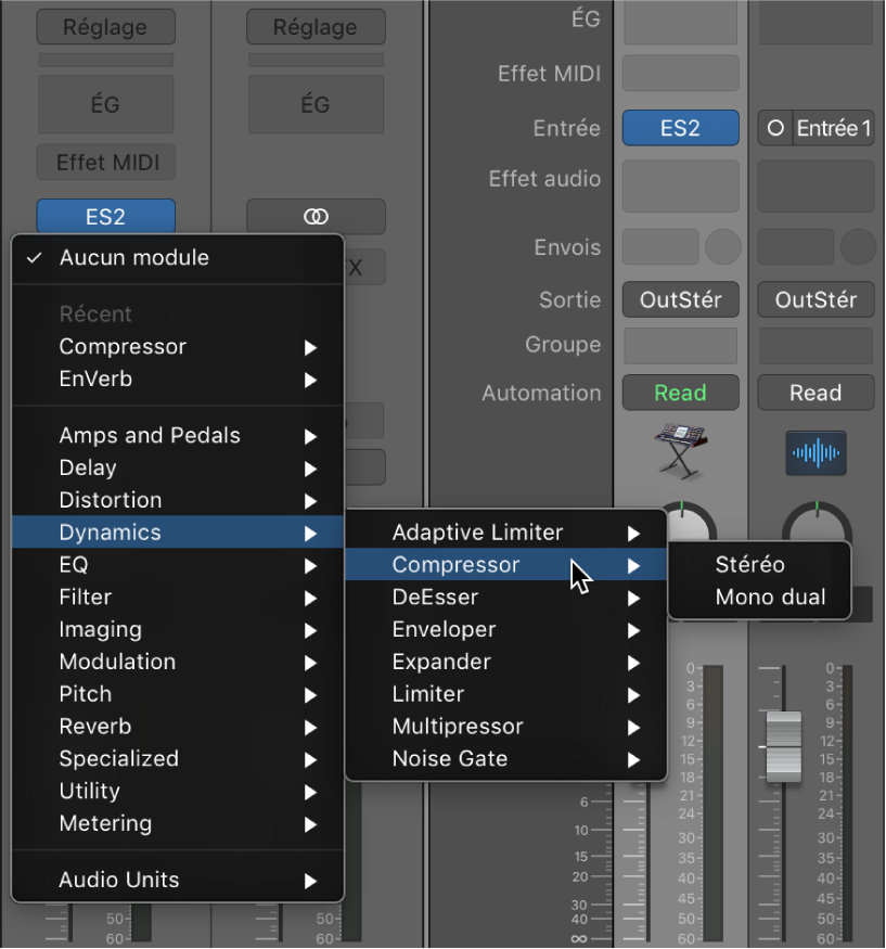 Figure. Choix d’un effet audio dans le menu local.