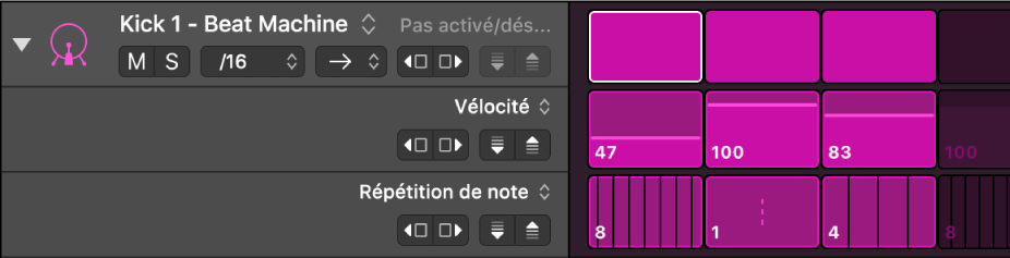 Rangée et sous-rangées dans le séquenceur pas à pas, chacune avec un mode d’édition différent.