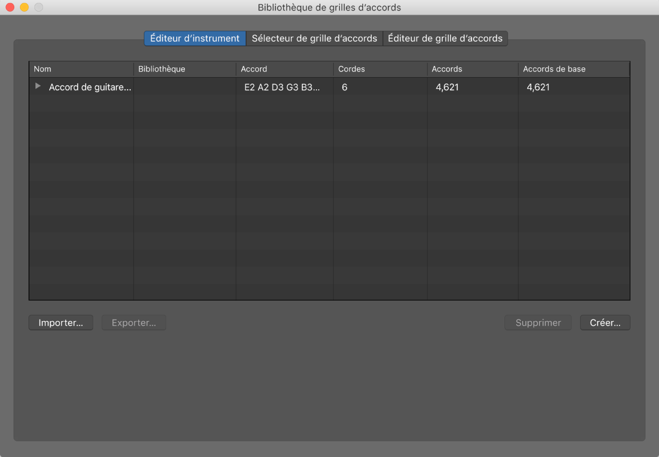 Figure. Sous-fenêtre Éditeur d’instruments dans la fenêtre Bibliothèque de grilles d’accords