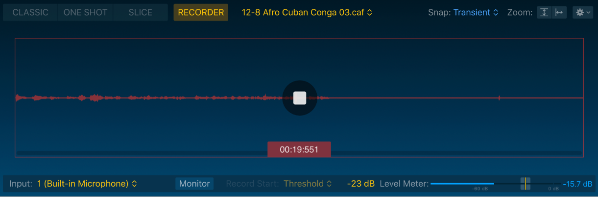 Figure. Forme d’onde du mode Recorder de Quick Sampler, avec tous les paramètres correspondants.