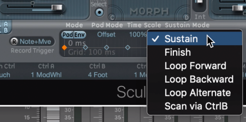 Figure. Menu local de mode de boucle ou Sustain de l’enveloppe de morphing.