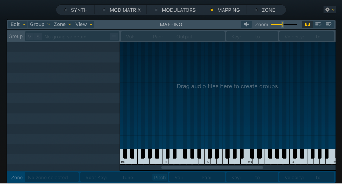 Figure. Sous-fenêtre Mapping vide dans Sampler, avec message invitant l’utilisateur à y déposer des fichiers audio dans la présentation du clavier.