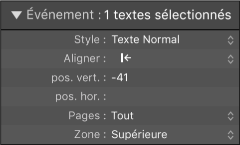 Figure. Paramètres d’objet texte global dans la zone Paramètres d’événement