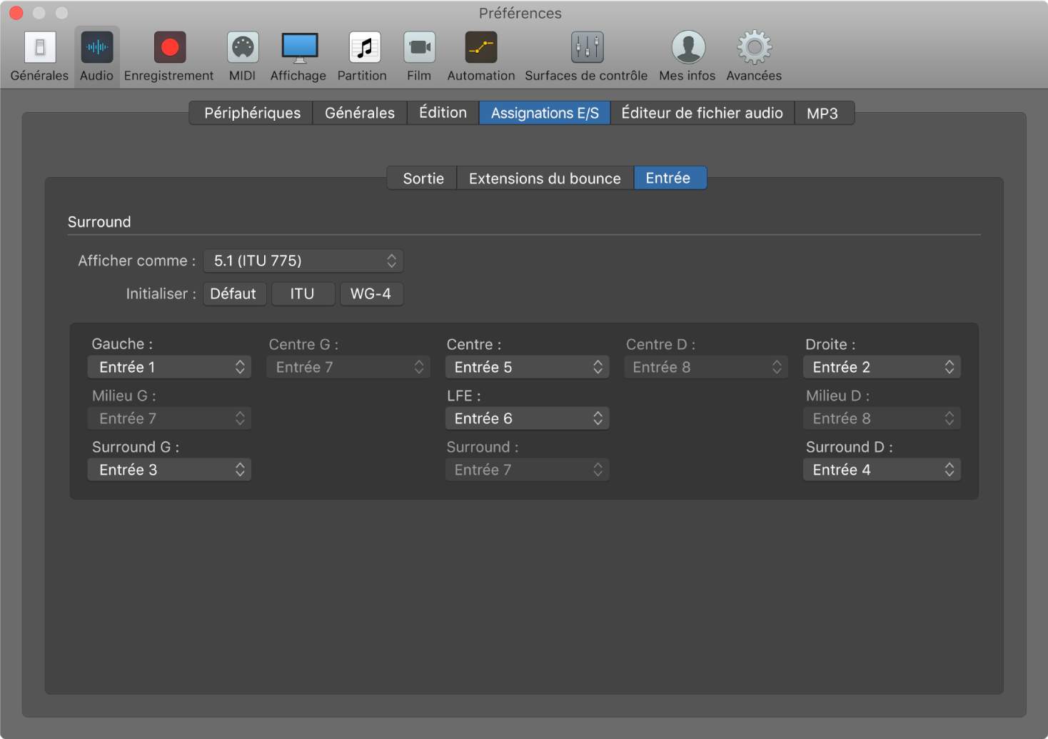 Figure. Préférences Entrée.