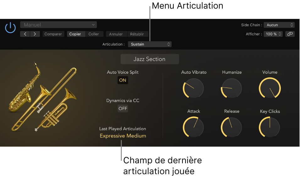 Figure. Instrument logiciel avec menu Articulation et champ de la dernière articulation jouée.