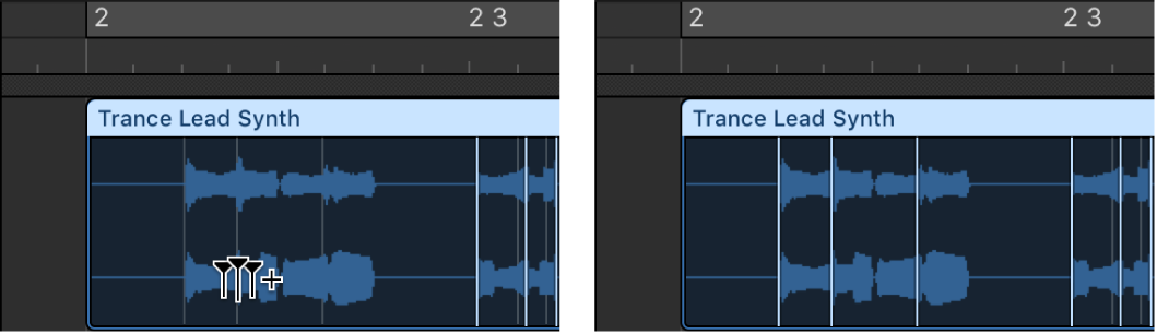 Figure. Région audio illustrant la création de trois marqueurs Flex.