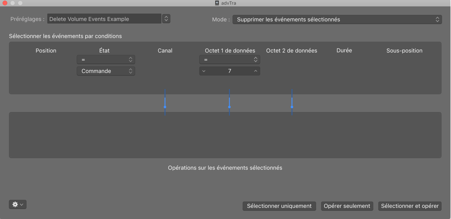 Figure. Fenêtre de transformation affichant des réglages permettant de supprimer des événements de volume d’une région MIDI.