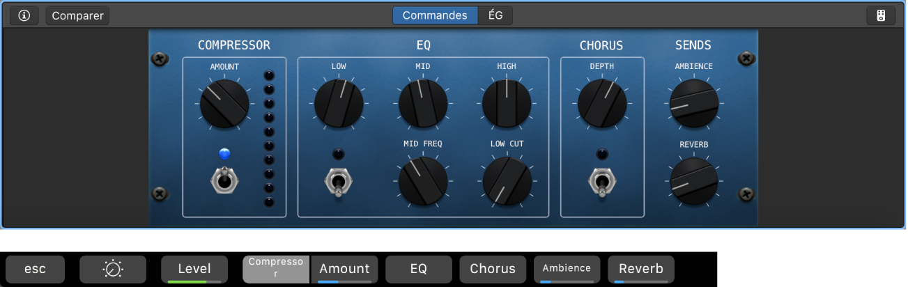 Figure. Raccourcis de l’écran des Smart Controls de piste de guitare acoustique et des Smart Controls dynamiques.