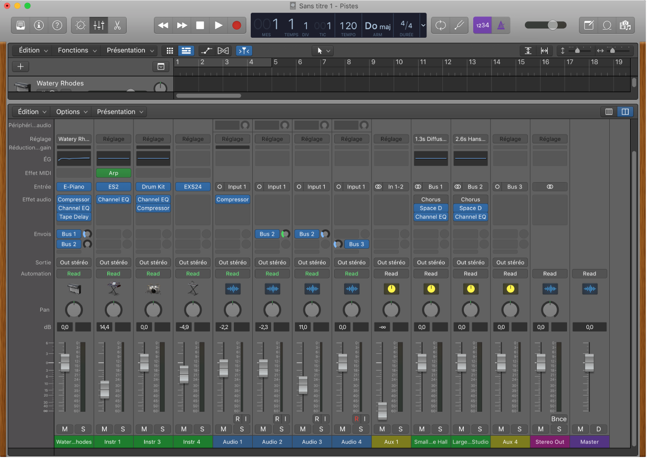 Figure. Table de mixage affichant les tranches de console audio, d’instrument logiciel, auxiliaire et principale.