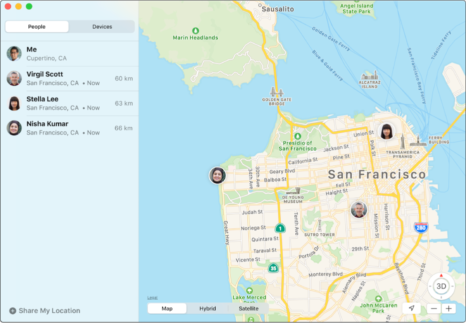 The Find My app showing a list of friends in the sidebar and their locations on a map on the right.