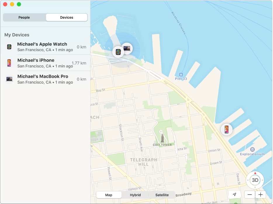 The Find My app showing a list of devices in the sidebar and their locations on a map on the right.