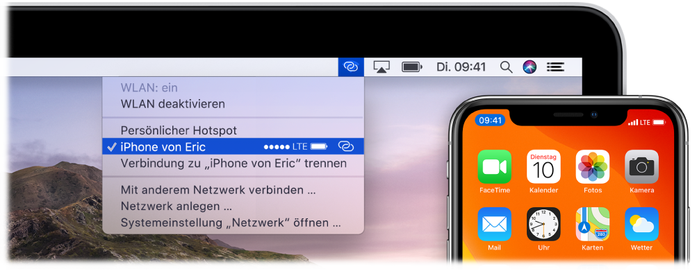 Der Mac-Bildschirm mit dem WLAN-Menü, in dem ein mit dem iPhone verbundener persönlicher Hotspot zu sehen ist