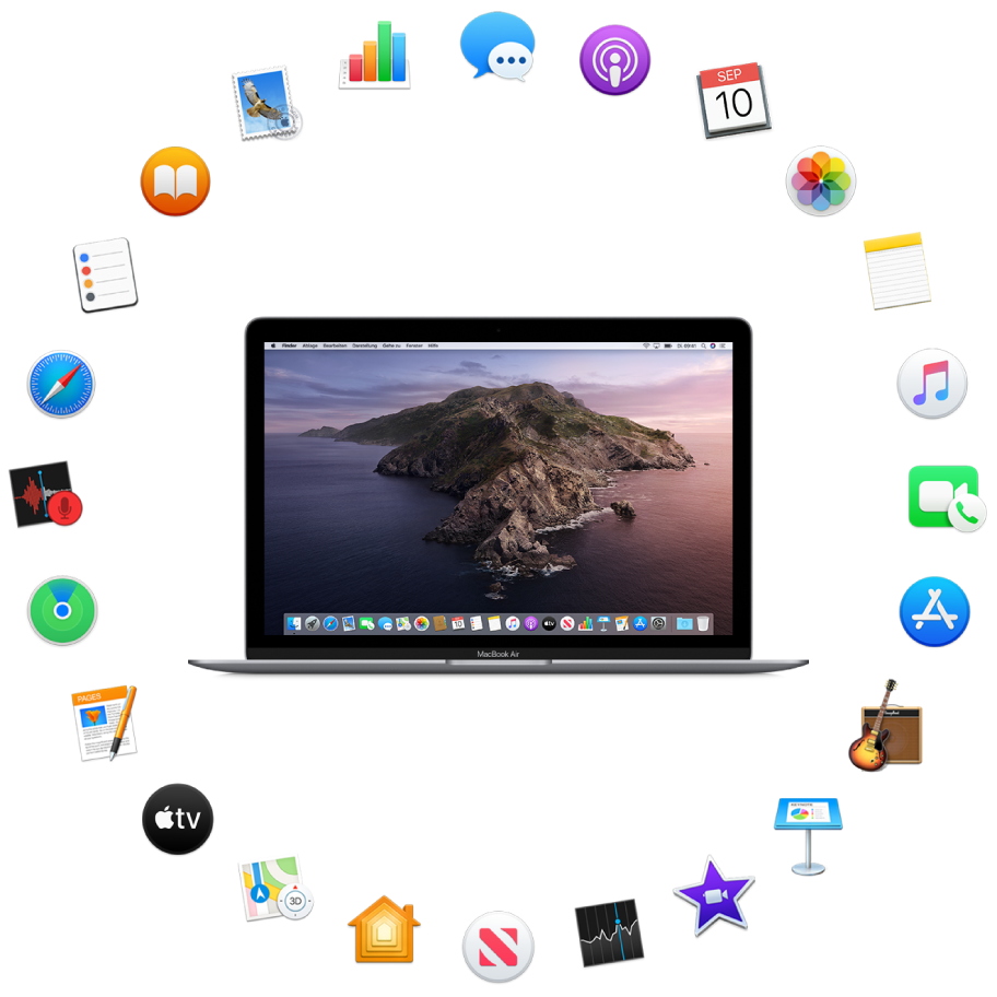 Ein MacBook Air umgeben von Symbolen der Apps, die im Lieferumfang enthalten sind und in den folgenden Abschnitten beschrieben werden.