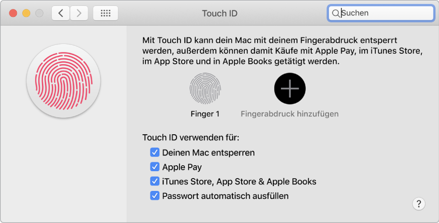 Das Fenster mit den Touch ID-Einstellungen mit Optionen zum Hinzufügen eines Fingerabdrucks sowie zum Verwenden von Touch ID zum Entsperren des Mac, zum Verwenden von Apple Pay sowie zum Tätigen von Käufen im iTunes Store, App Store und Books Store.