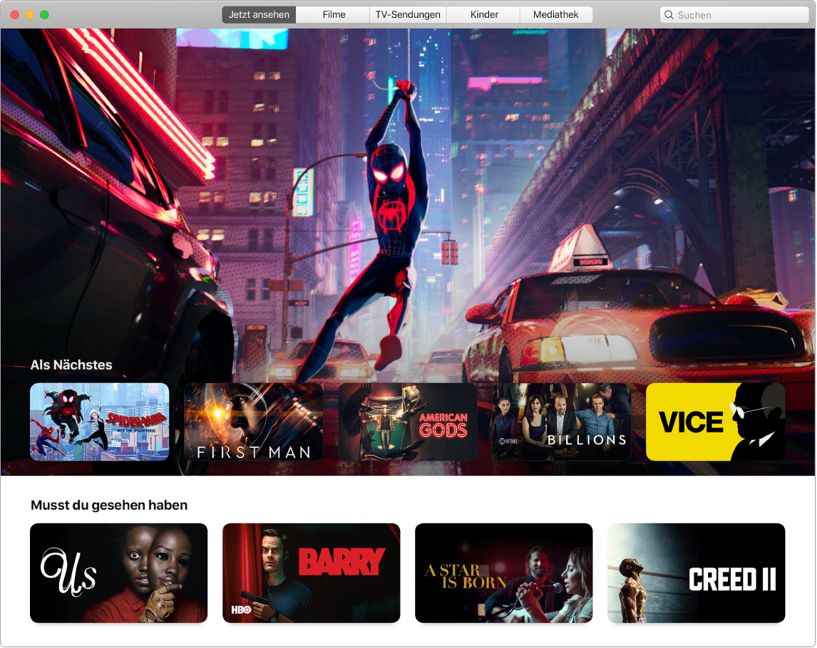 Ein Fenster der App „Apple TV“ in der Darstellung „Jetzt ansehen“.