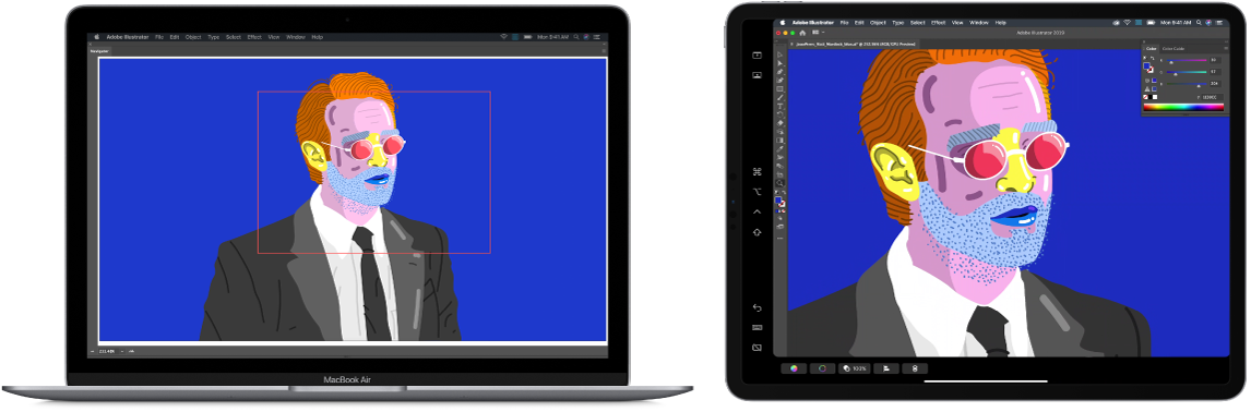 A MacBook Air and an iPad sit side by side. The MacBook Air shows art within the navigator window of Illustrator. The iPad shows the same art in the document window of Illustrator, surrounded by toolbars.