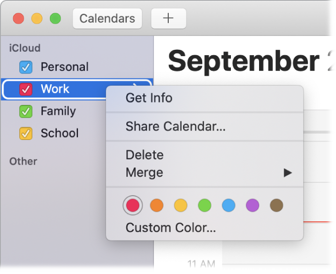 Calendar shortcut menu with options for customizing a calendar’s color.