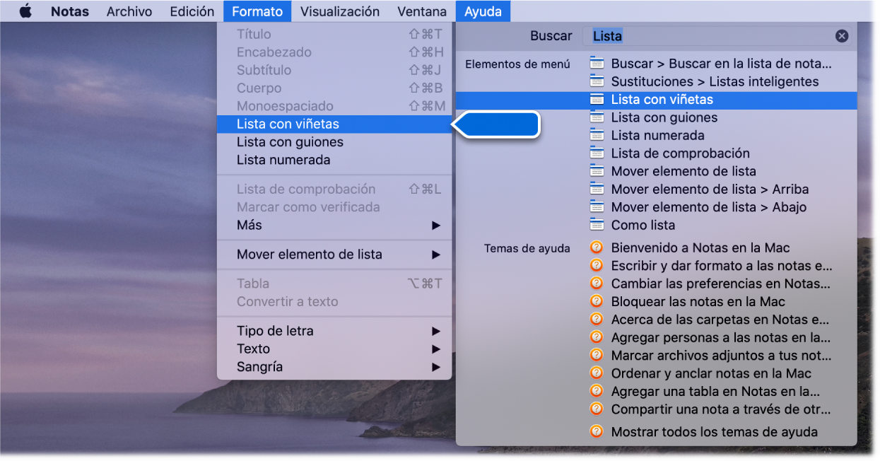 El menú Ayuda mostrando que se buscó "lista" con el comando "Lista de viñetas" resaltado en la lista de resultados y en el menú Formato.