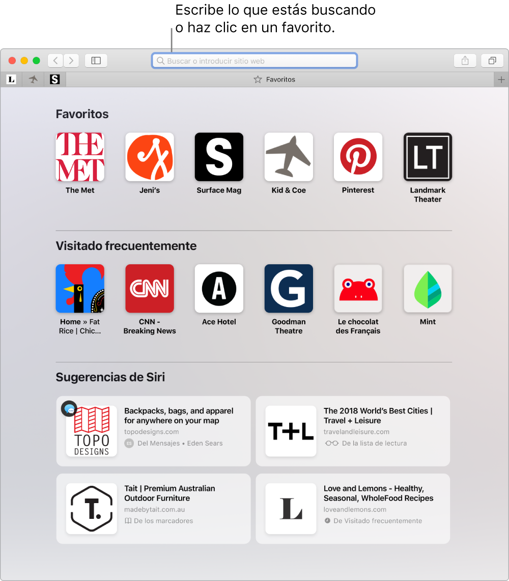 Una ventana de Safari con la vista Favoritos y el campo de búsqueda inteligente destacado.