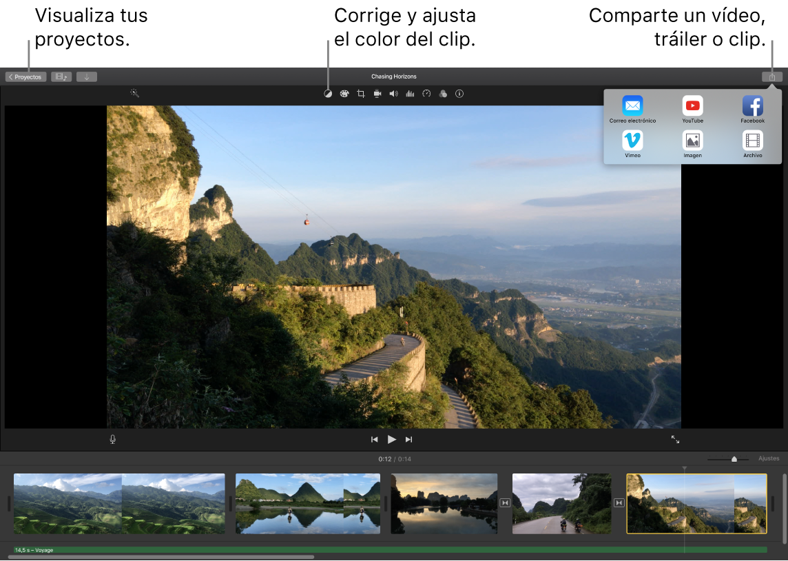 Una ventana de iMovie con los botones para ver proyectos, corregir y ajustar el color, y compartir la película, el tráiler o el fragmento de vídeo.