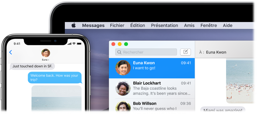 App Messages ouverte sur un Mac, affichant la même conversation dans Messages sur un iPhone.