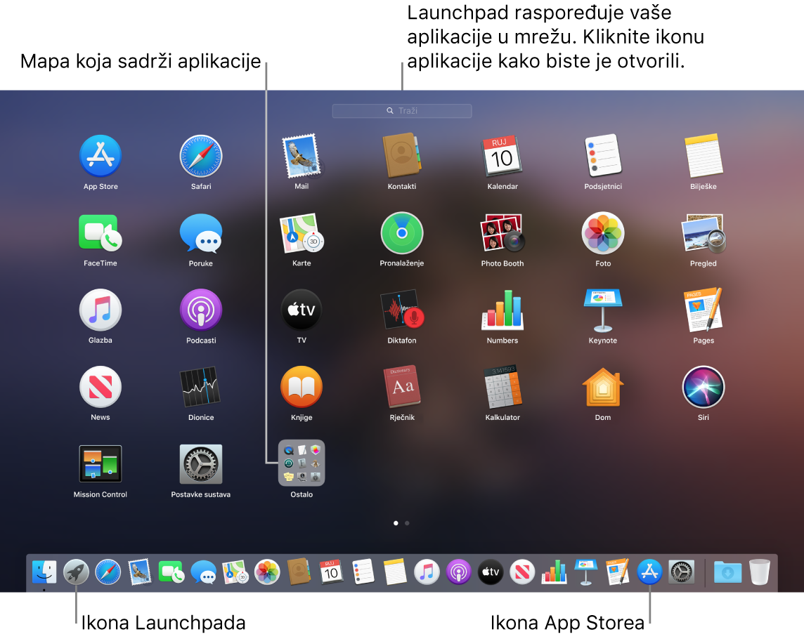 Zaslon MacBooka s otvorenom aplikacijom Launchpad prikazuje mapu aplikacija unutar Launchpada i ikonu Launchpada te ikonu trgovine Mac App Store u Docku.