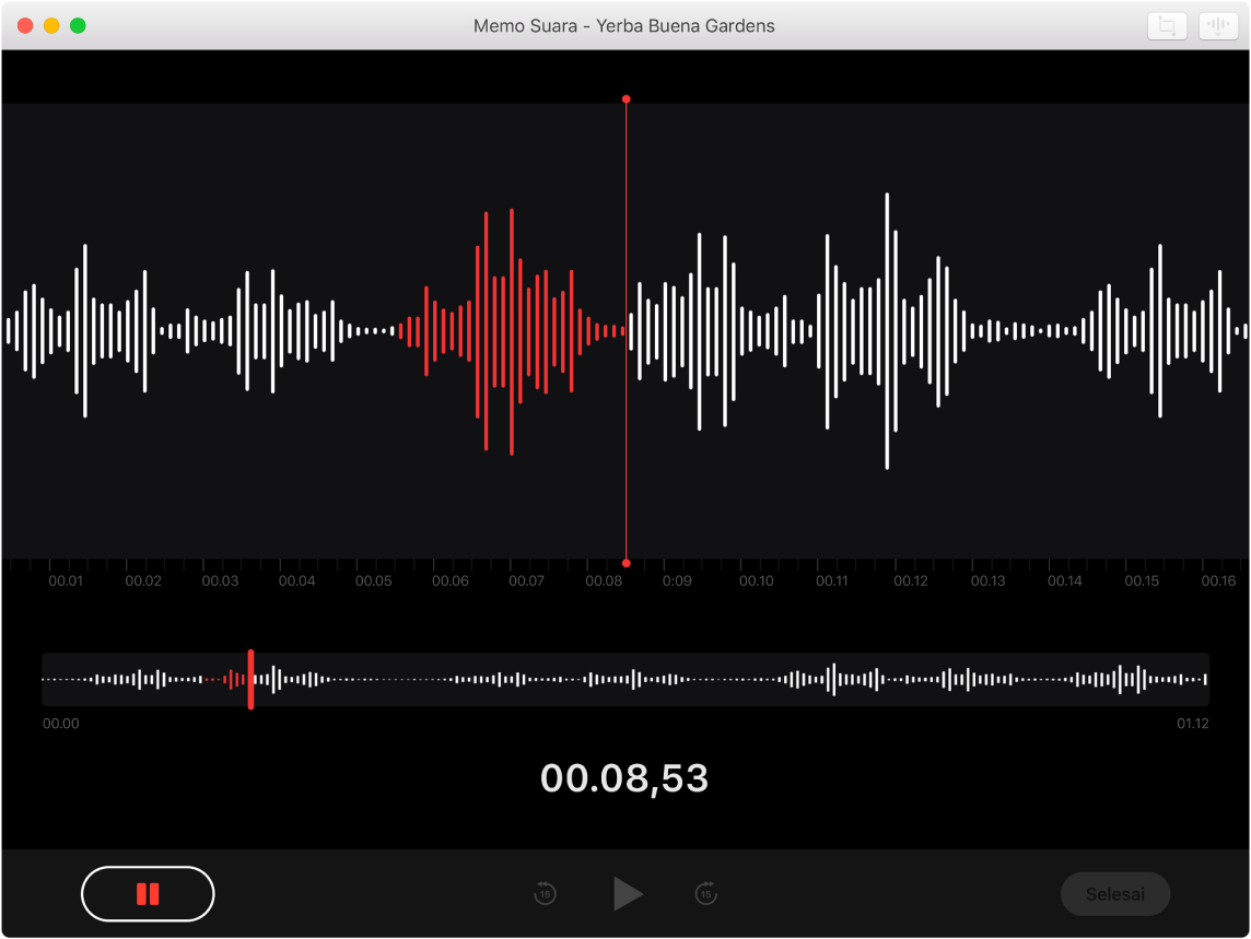 Jendela Memo Suara menampilkan perekaman yang sedang berlangsung.