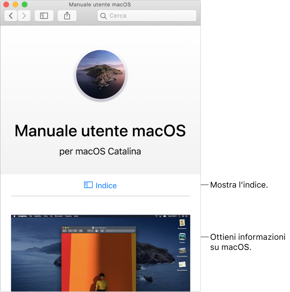 Pagina di benvenuto del Manuale utente di macOS che mostra il link dell’indice.