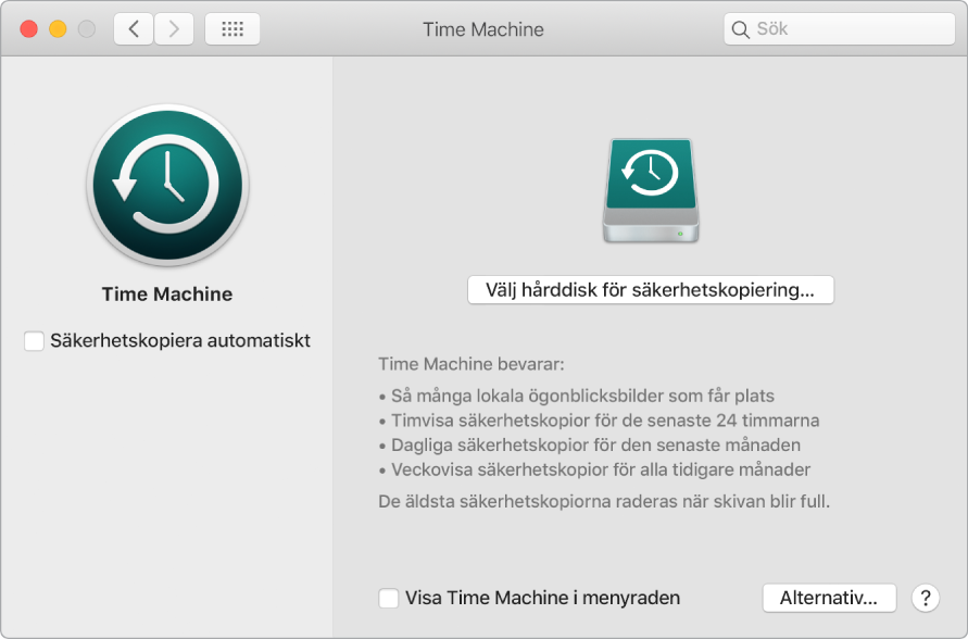 Säkerhetskopieringsfönstret i Time Machine.