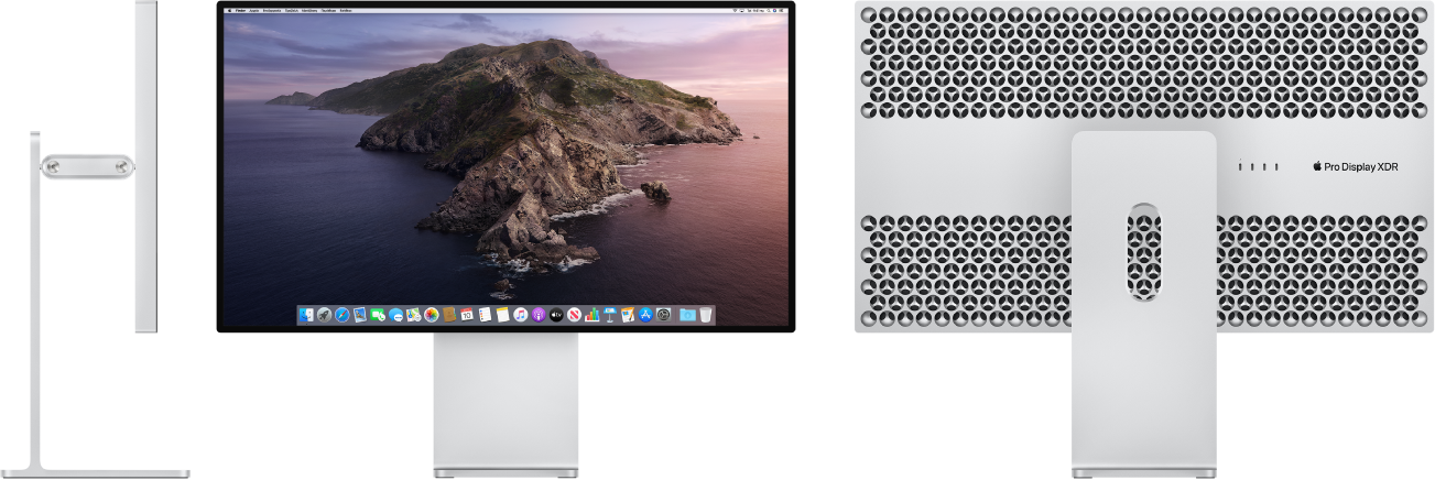 Πλαϊνή όψη, πρόσοψη και πίσω όψη της οθόνης Pro Display XDR σε μια βάση Stand Pro.