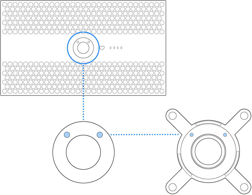 L’arrière d’un Pro Display XDR avec des lignes pointillées montrant où fixer un kit de montage VESA.