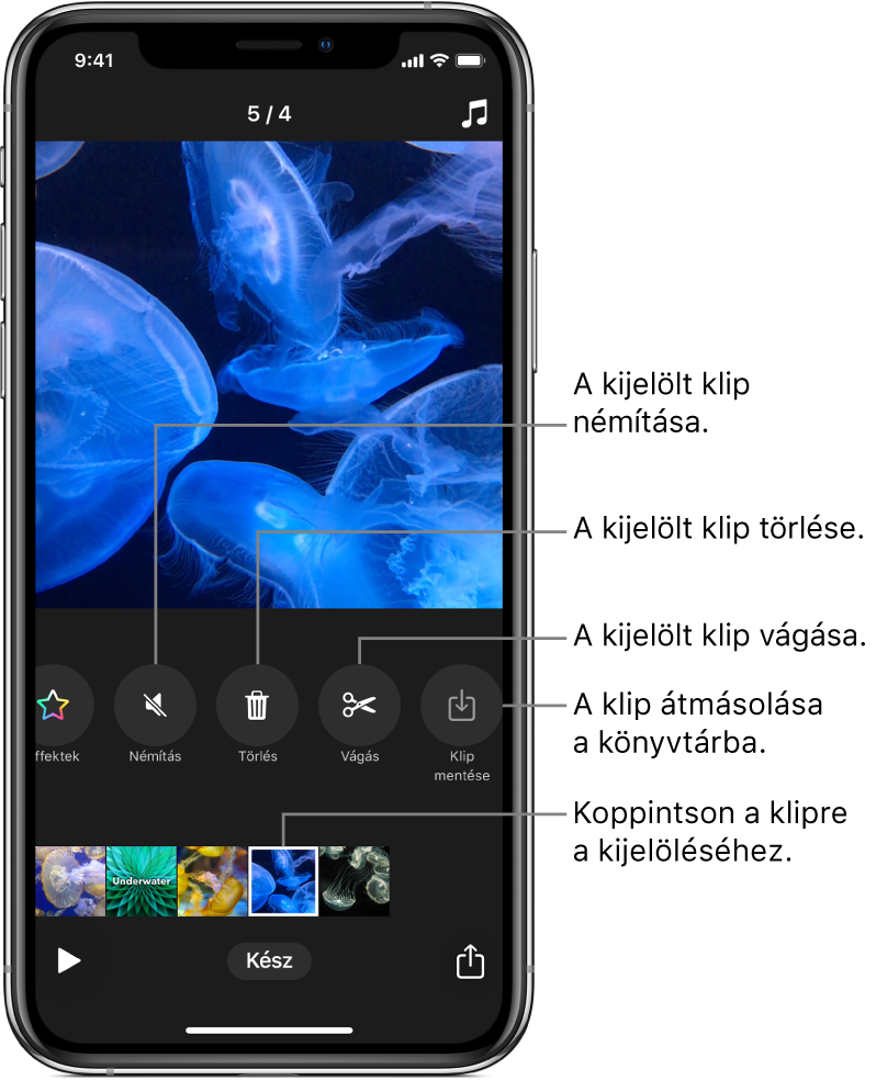 Egy videó képe a megtekintőben, alatta a klipek sorával, valamint a kijelölt klip némításának, törlésének, vágásának és mentésének gombjaival.