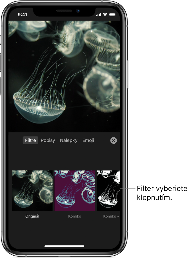 Obrázok videa v prehliadači s vybratou položkou Filtre a filtrom Komiks, ako aj ďalším filtrami zobrazenými nižšie.