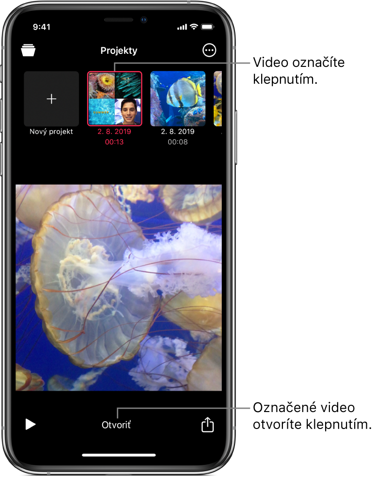 Miniatúry projektu nad obrázkom videa v zobrazovači s tlačidlom Otvoriť nižšie.