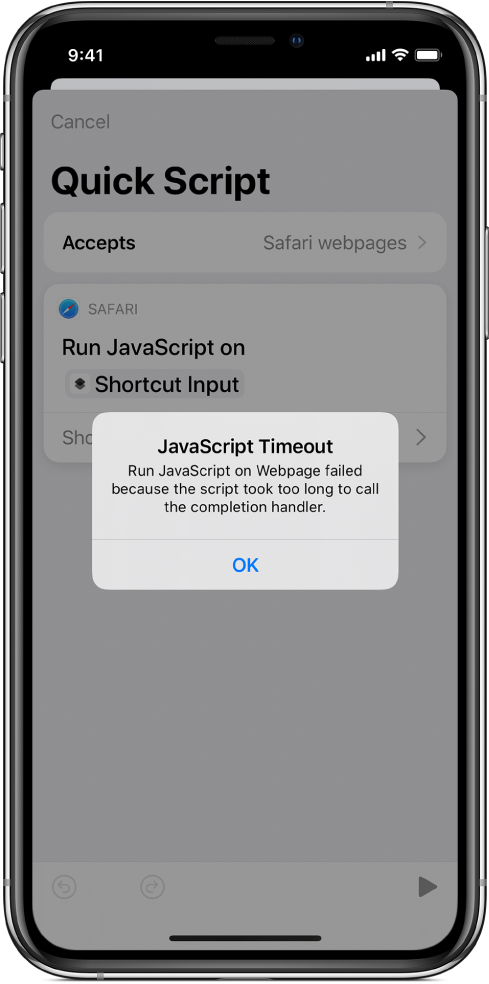 Kurzbefehleditor mit der Fehlermeldung „JavaScript-Zeitüberschreitung“