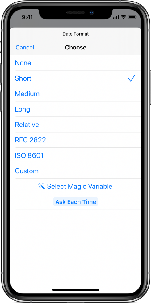 Date Format options dialog.