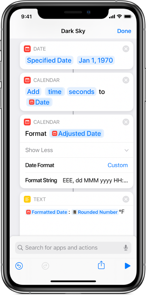 Format Date action with a custom Format String, in the shortcut editor.