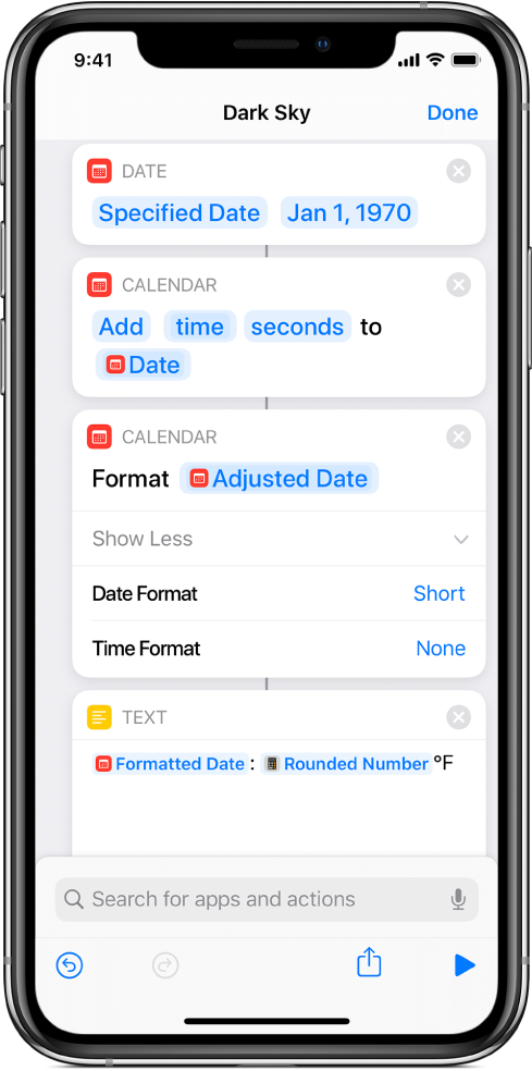 Shortcut with actions to translate UNIX time to a more human-friendly date format.