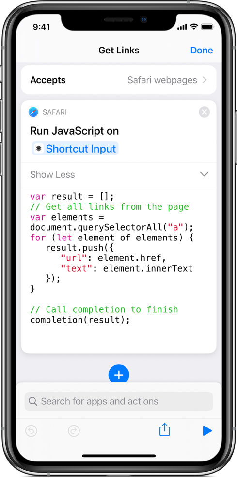 The Run JavaScript on Web Page action in the shortcut editor.