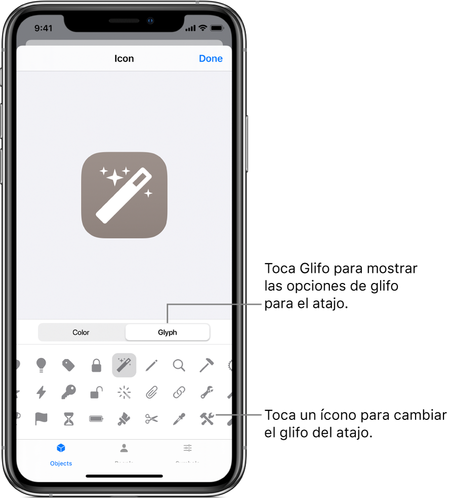 La pantalla Ícono mostrando las opciones de glifo de los atajos.