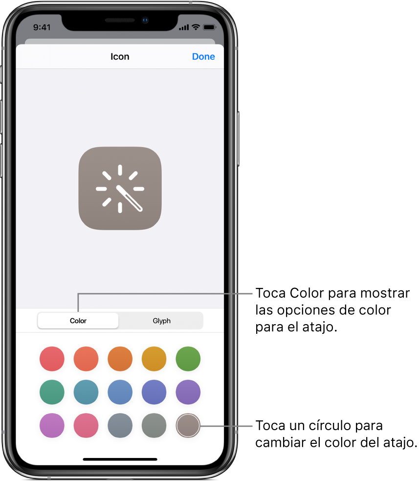 La pantalla Ícono mostrando las opciones de color de los atajos.