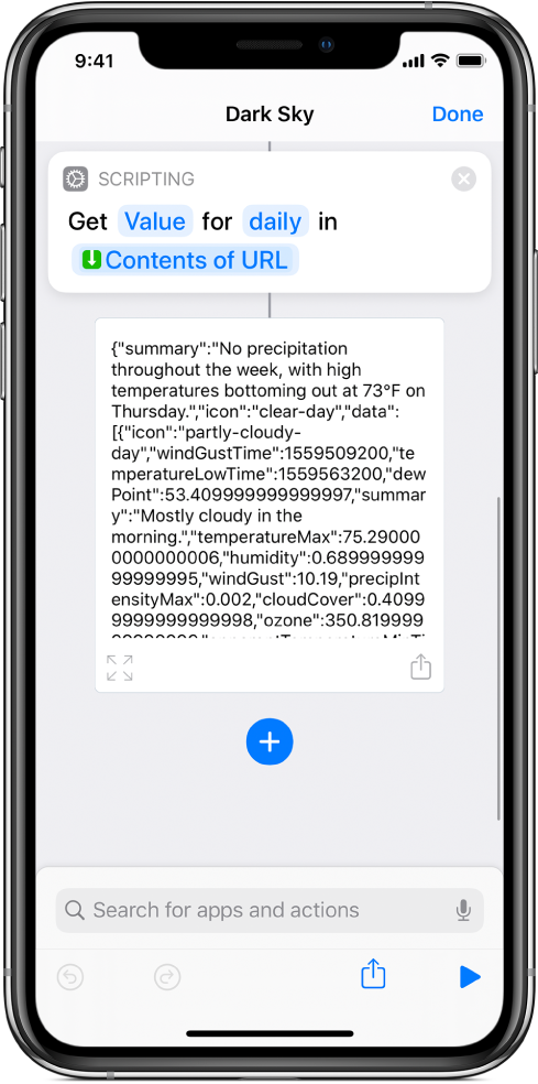 Action Obtenir la valeur du dictionnaire dans l’éditeur de raccourci avec la clé définie sur « daily ».