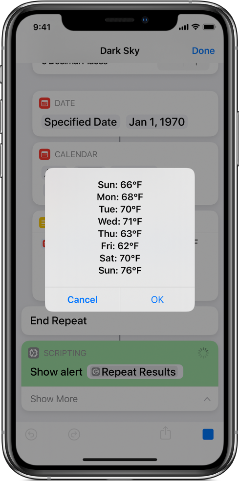 De uiteindelijke waarschuwing met de gemiddelde temperaturen voor de week in de opdrachteneditor.